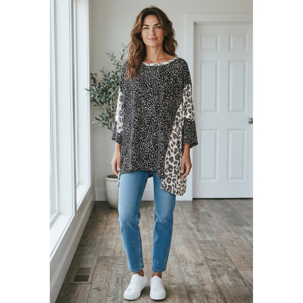 ODDI‎ Mixed Leopard Print Tunic Top Womens 2X Black White Ribbed Knit T64364P